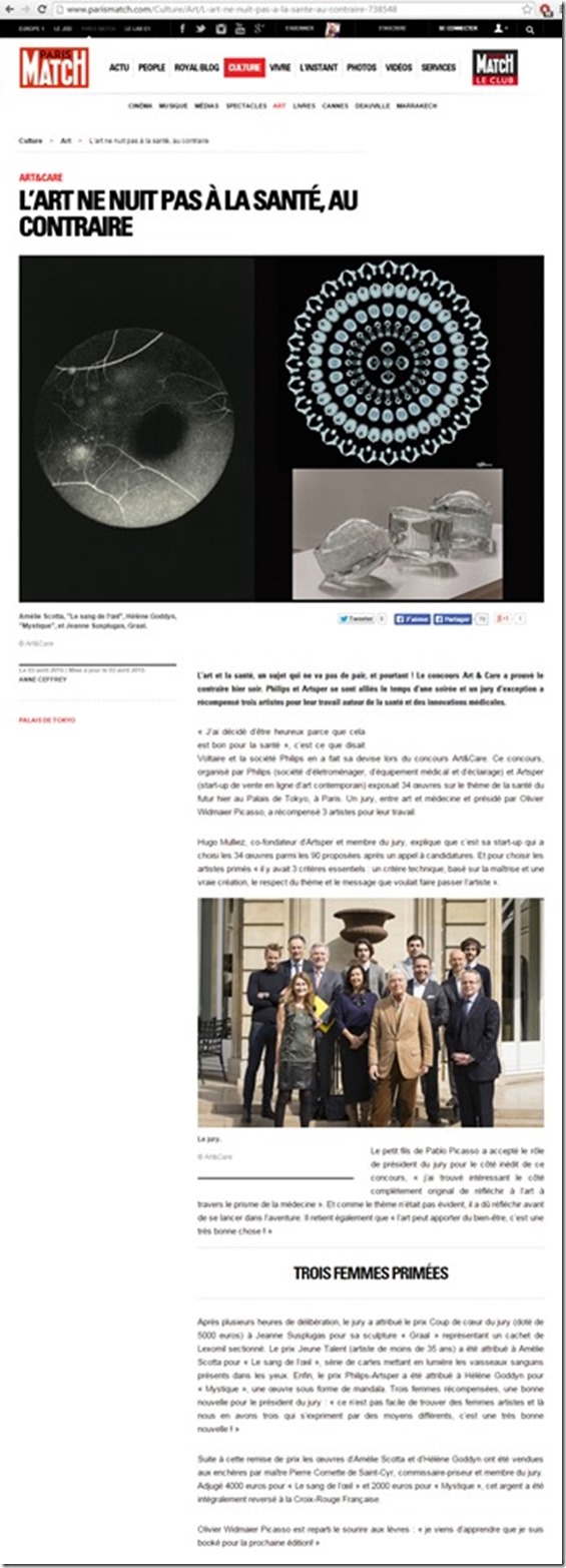 3-avril-article-Paris-Match-remise-prix-artsper-philips_Concours Art&Care, sous la co-présidence d’Olivier Picasso et du Dr Georges Rodesch. Le Prix Philips-Arstper, a été décerné  par les dirigeants de Philips & Artsper à Hélène Goddyn pour son Mandala Humain "Mystique", le 2 avril 2015 au Palais de Tokyo, Paris. 