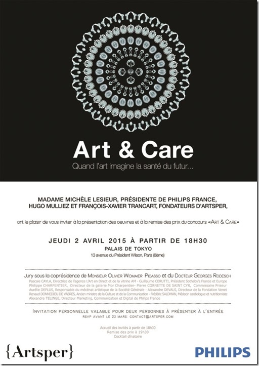 Invitation Artsper Palais de Tokyo Paris_Concours Art&Care, sous la co-présidence d’Olivier Picasso et du Dr Georges Rodesch. Le Prix Philips-Arstper, a été décerné  par les dirigeants de Philips & Artsper à Hélène Goddyn pour son Mandala Humain "Mystique", le 2 avril 2015 au Palais de Tokyo, Paris. 